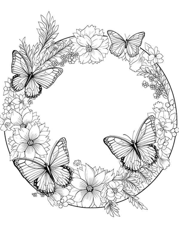 Butterfly and flowers wreath coloring page
