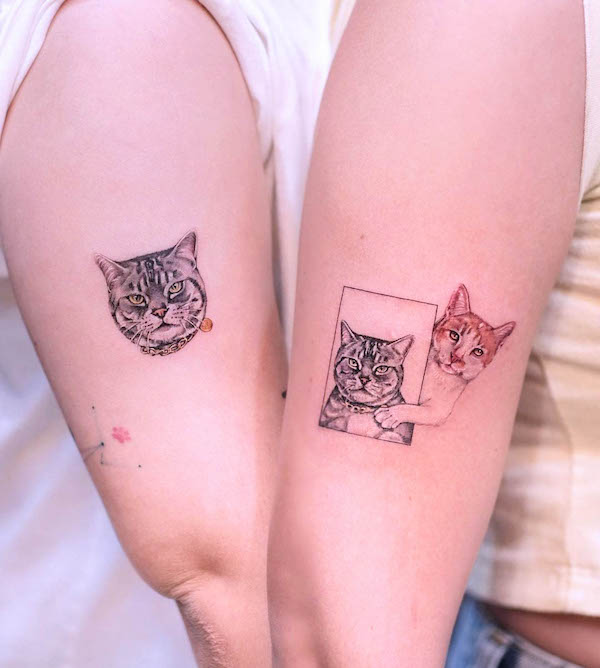 Cute cat matching tattoos by @duchess.tattoo