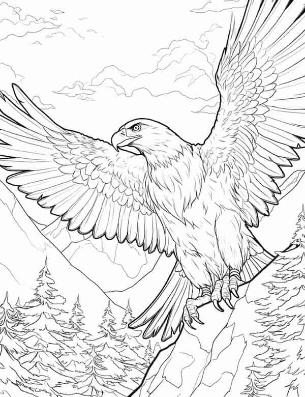 Eagle flying over the mountains coloring page