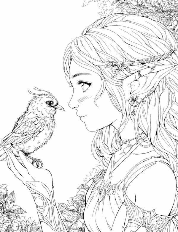 Fairy girl and bird coloring page