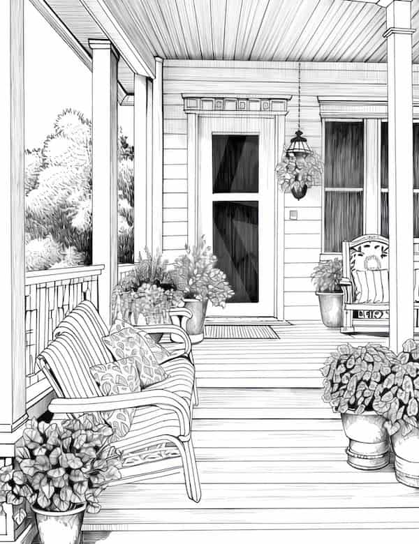 Farm house front porch coloring page