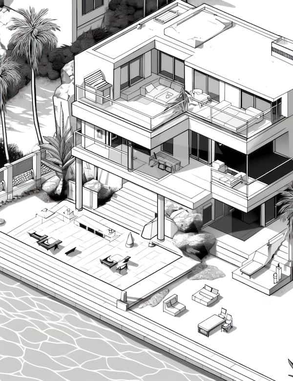 Luxurious pool house coloring page