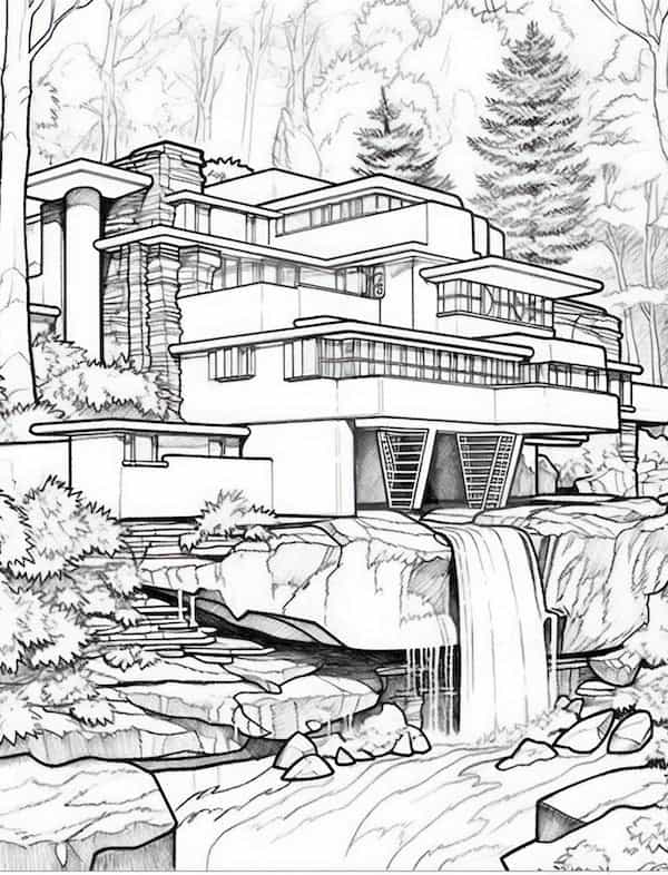 Modern houses with waterfall coloring page