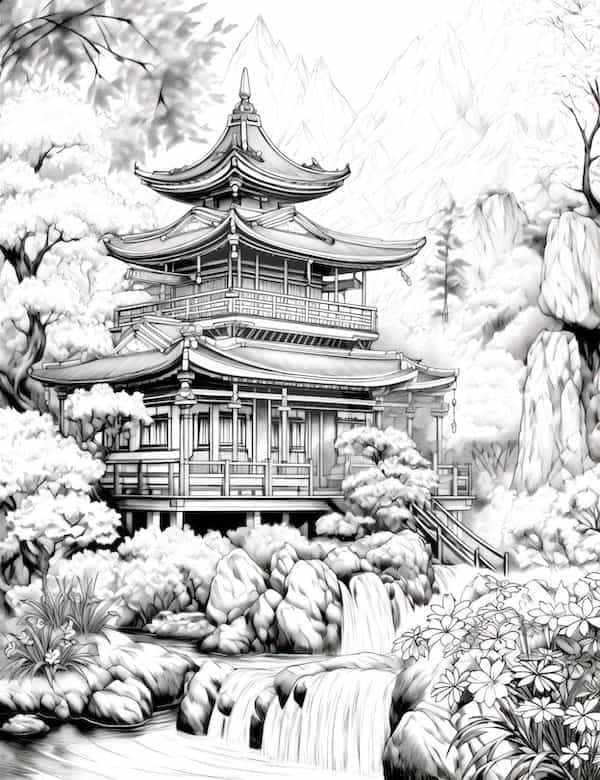 Oriental mansion with waterfall