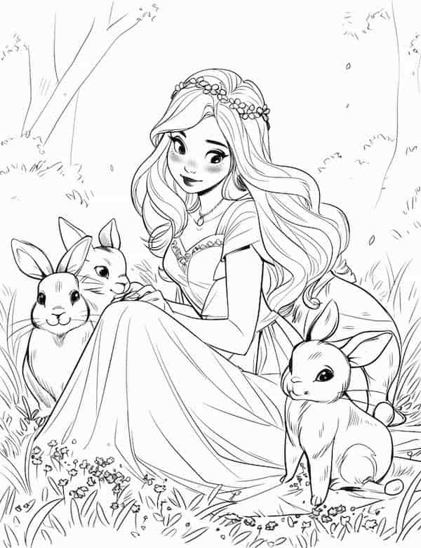 Princess and bunny coloring page