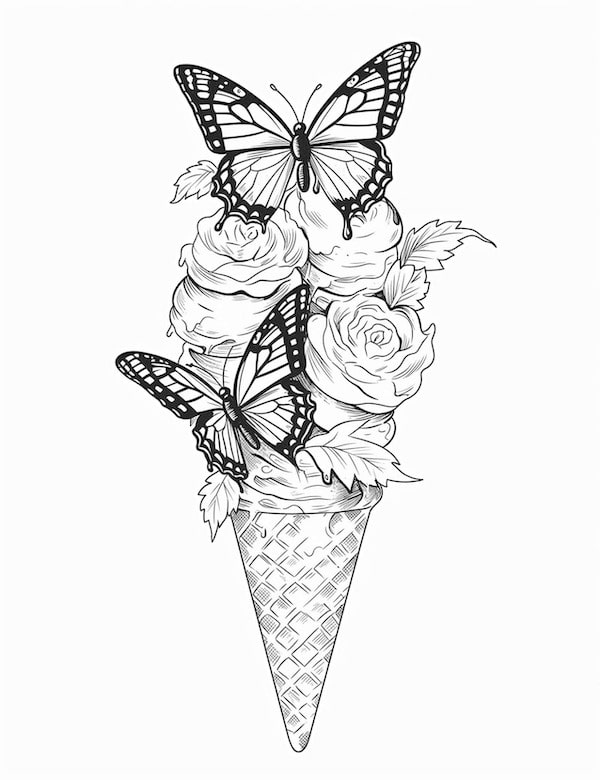 Printable butterfly and ice cream coloring page