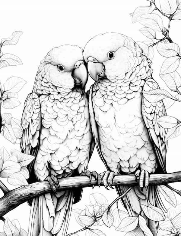 Realistic greyscale parrot coloring page for adults