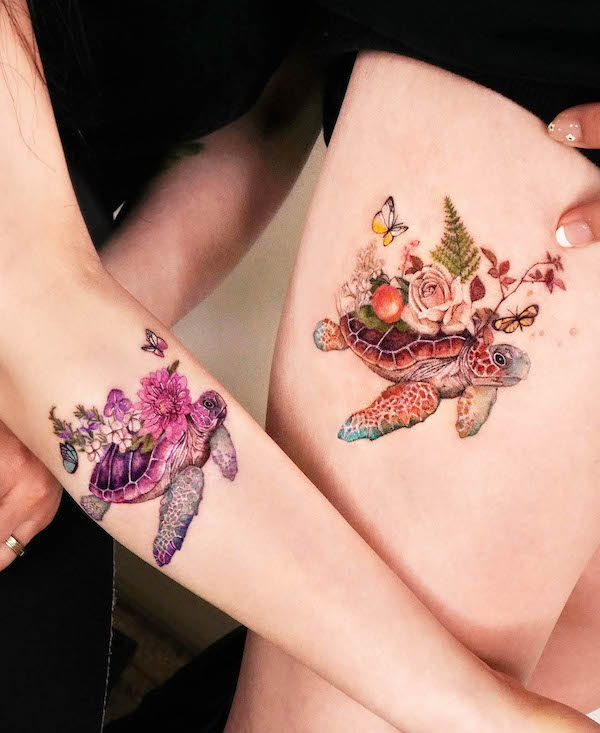 Stunning turtle tattoos for couples by @song.e_tattoo