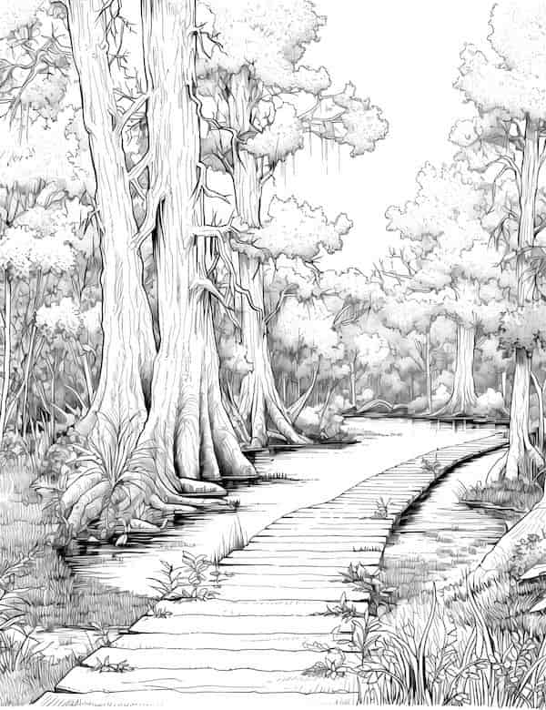 A path across the wetland nature coloring page