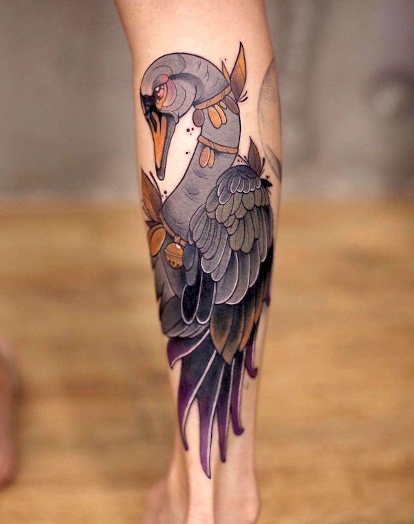 Black swan calf tattoo by @tattoo__1717
