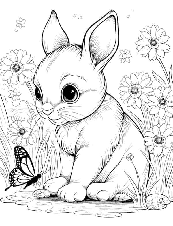 Bunny and butterfly coloring page
