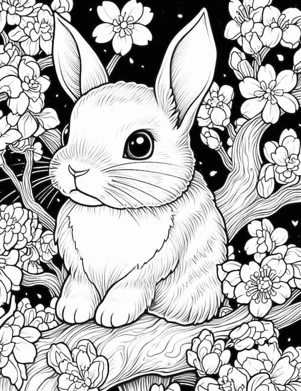 Bunny and cherry blossom coloring page