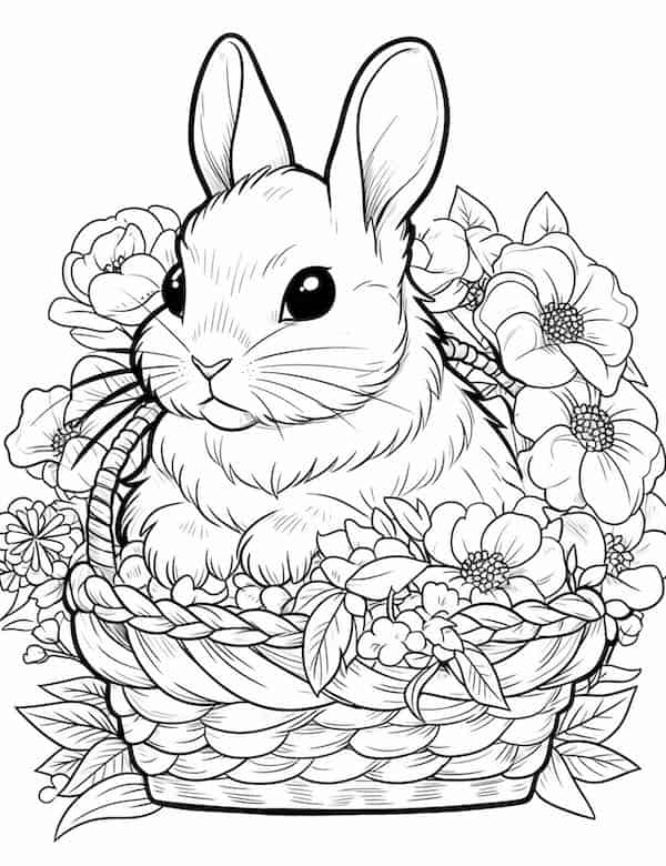 Bunny in a flower basket coloring page