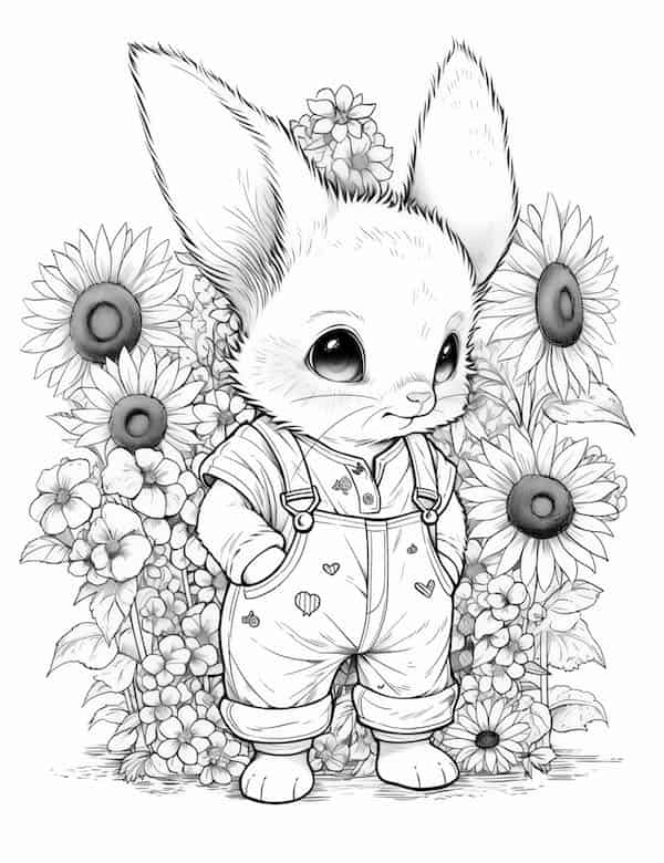 Cute bunny and sunflowers coloring page