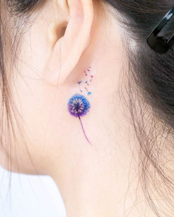 Dandelion ear back tattoo by @tilda_tattoo