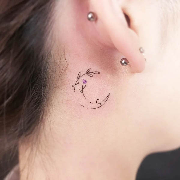 Fine line crescent moon behind the ear tattoo by @gorae_tattoo
