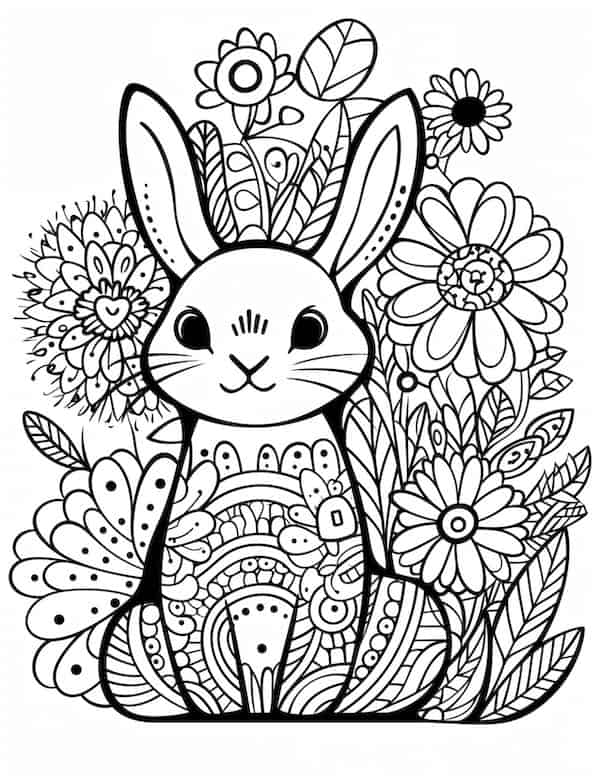 Floral-patterned rabbit coloring page for adults