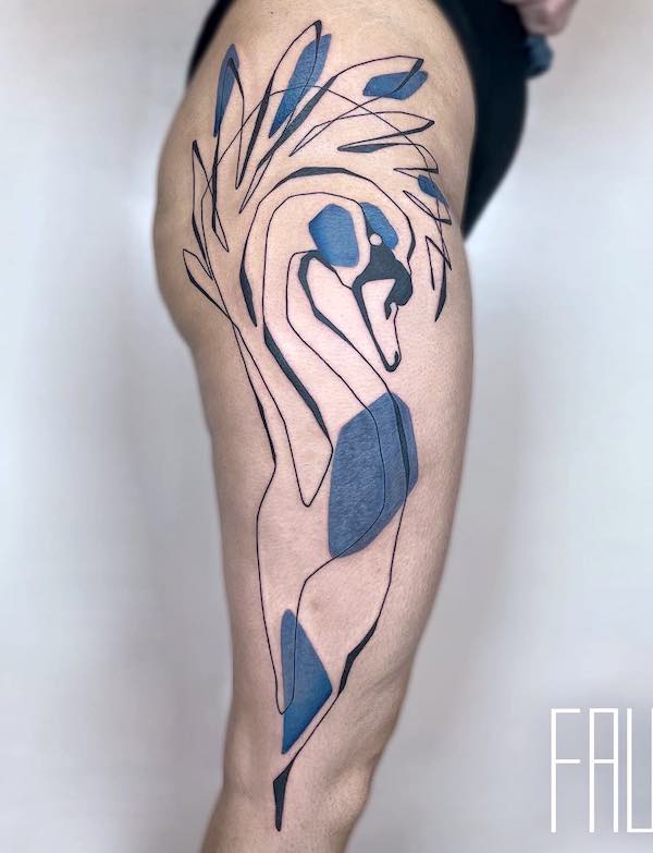 Hip and thigh swan tattoo by @faune_tattoo