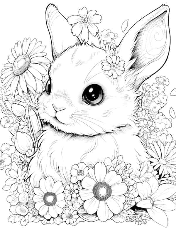 Realistic bunny and flowers coloring page