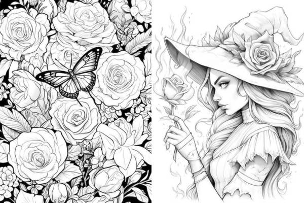 Rose coloring pages for kids and adults