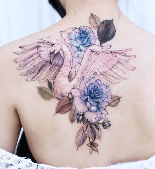 Stunning flowers and swan watercolor tattoo by @chaewha_ink