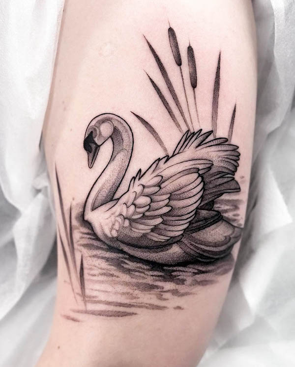 Swan upper arm tattoo by @hipner.magdalena