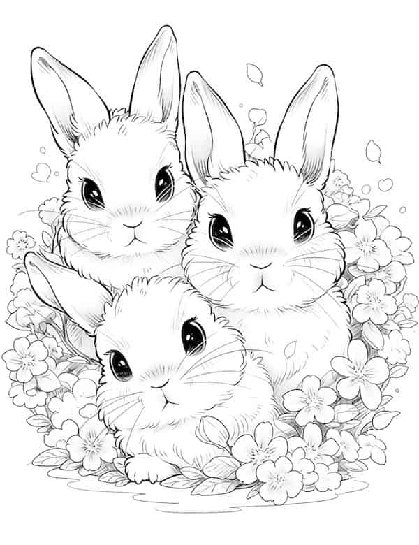 Three adorable little bunnies coloring page
