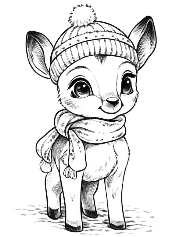 Adorable winter deer coloring page