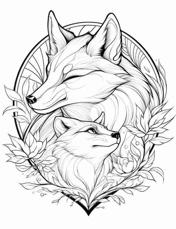 Mama and baby fox coloring page
