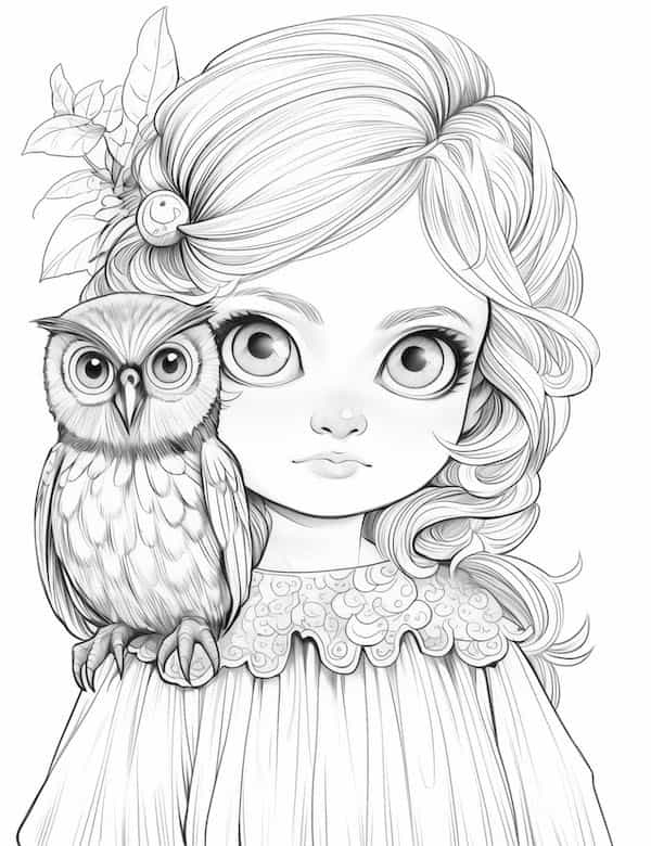 Baby girl and owl coloring page