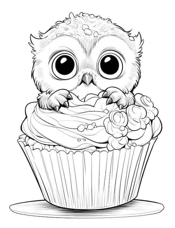Baby owl hiding in a cupcake coloring page