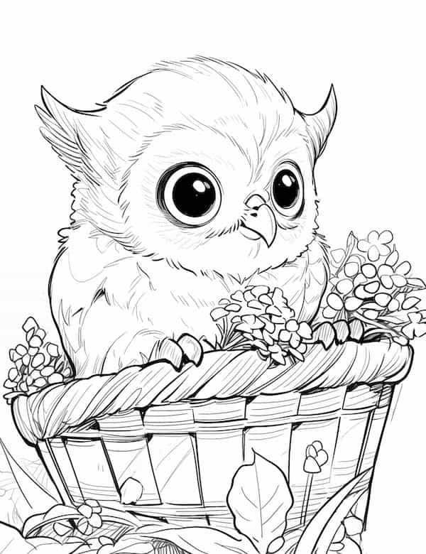 Baby owl in a basket coloring page