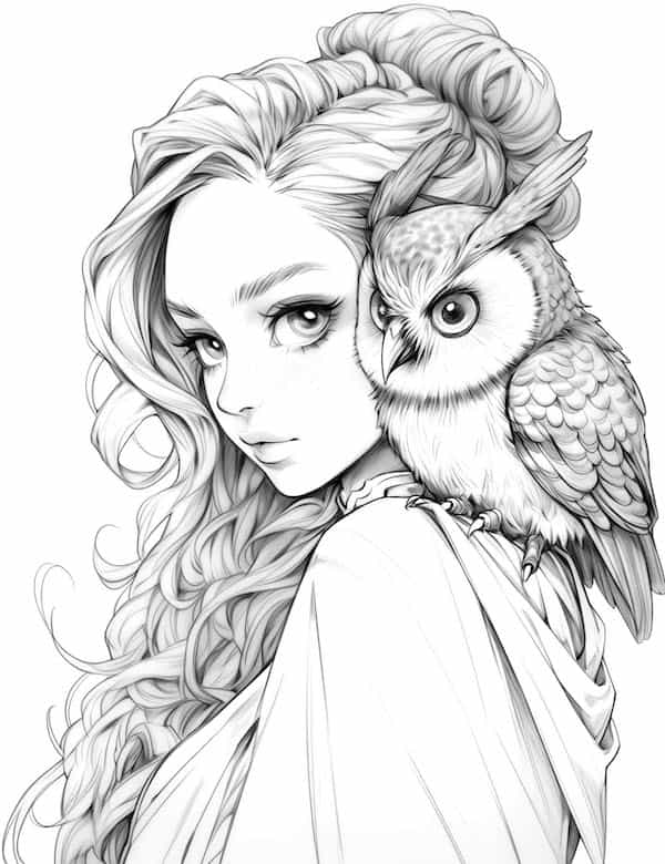 Beautiful girl with owl coloring page