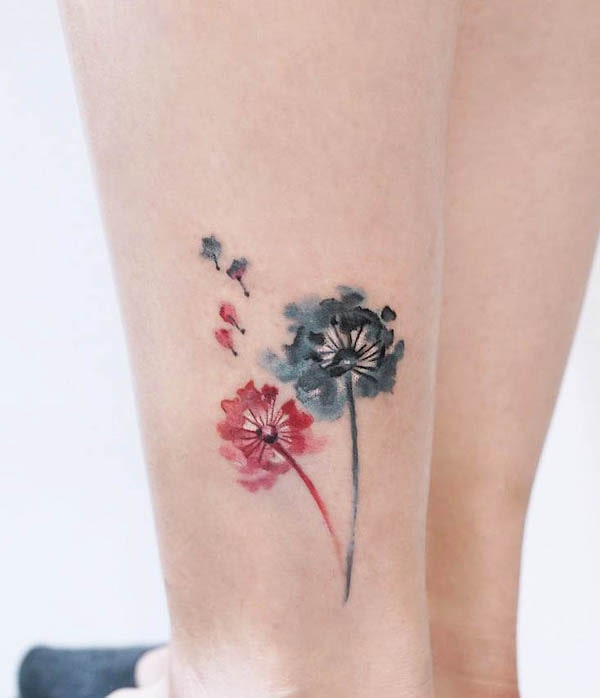 Blue and red watercolor dandelion tattoo by @ching_artist