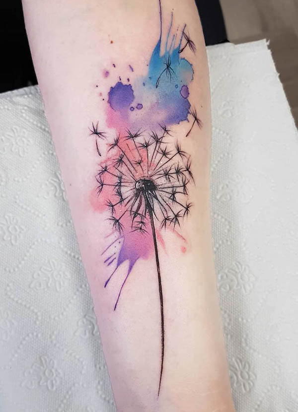 Bold watercolor dandelion tattoo by @kax_ink