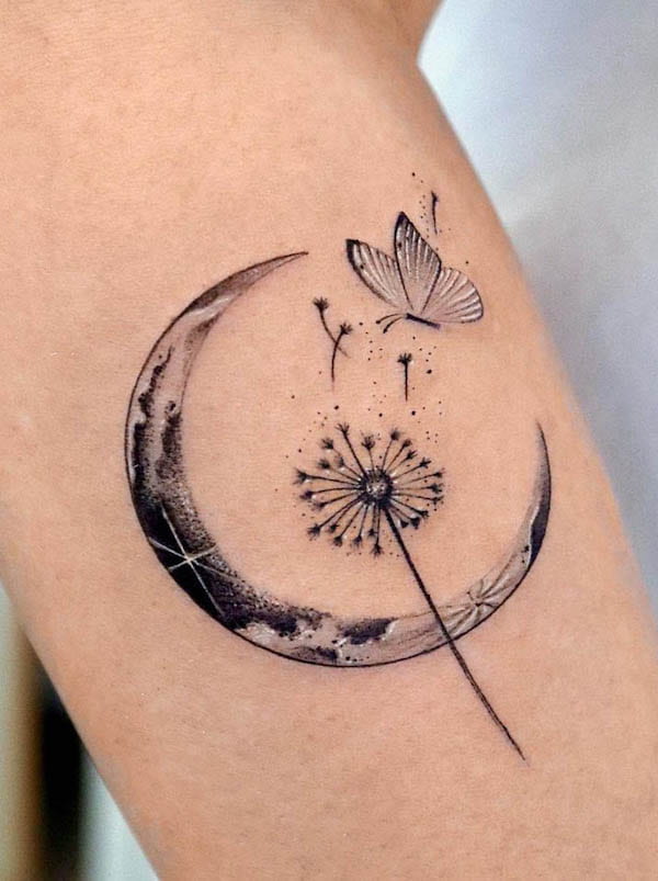 Butterfly and moon dandelion tattoo by @tattooist_giho_