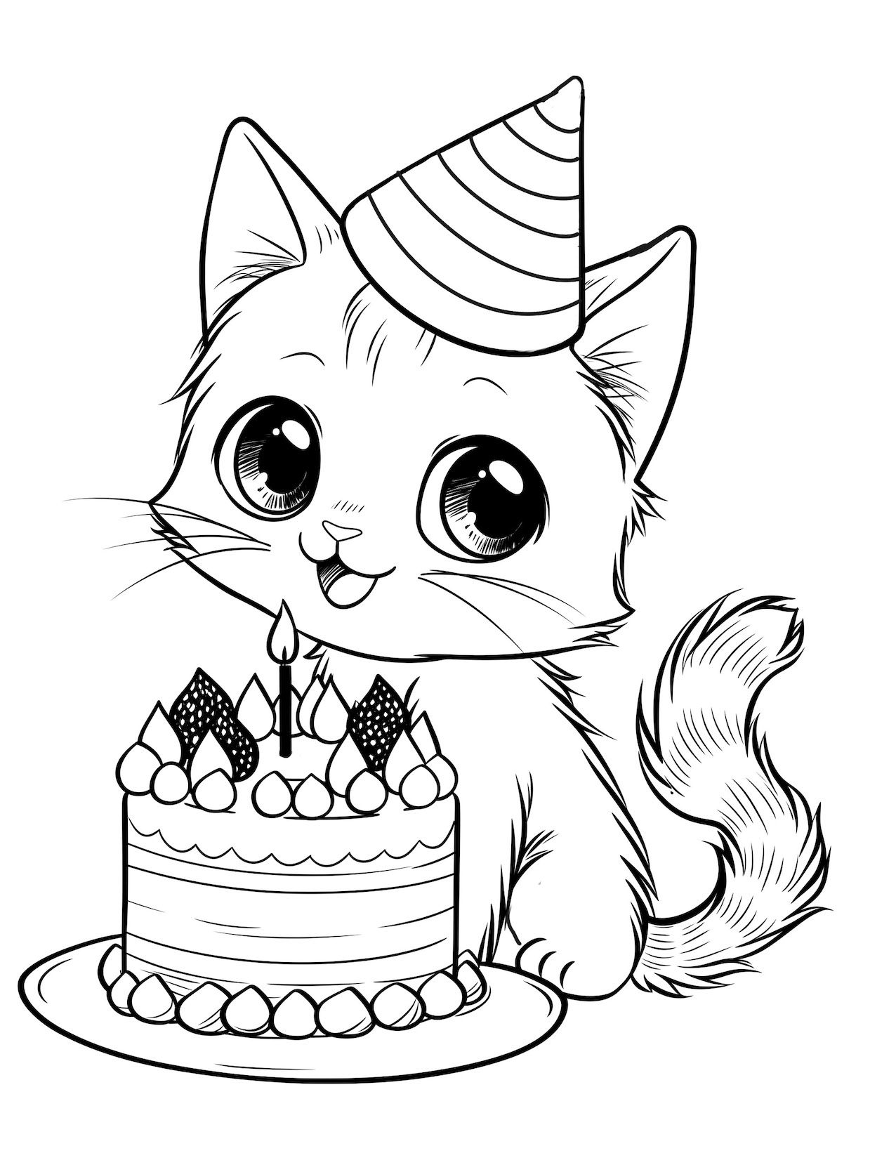 Cute kitten. Hand drawing coloring for kids and adults. Beautiful