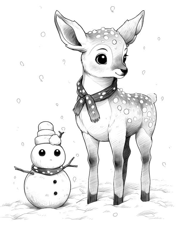Cute deer and snowman coloring page