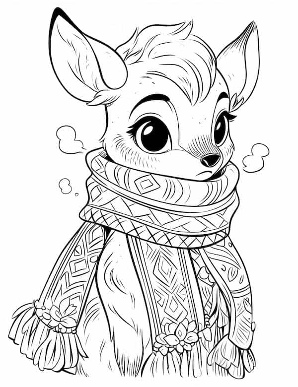 Cute deer in winter outfit coloring page