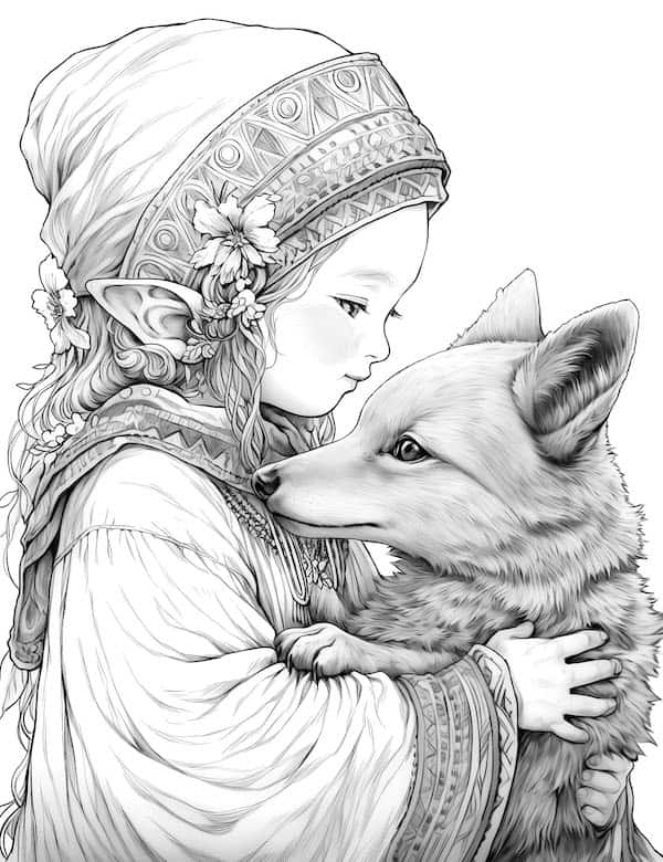 Cute elf girl hugging a fox