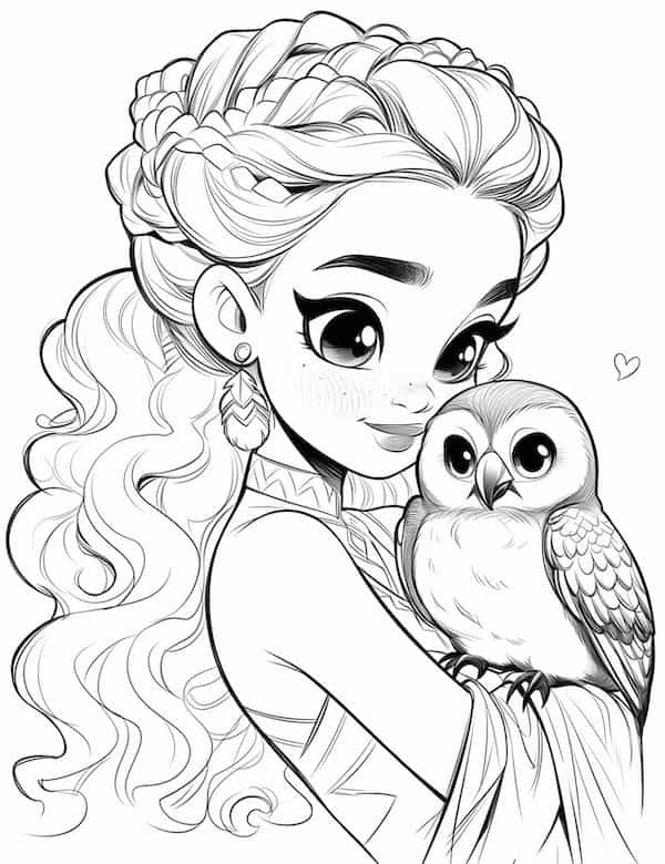 Cute little princess with owl coloring page