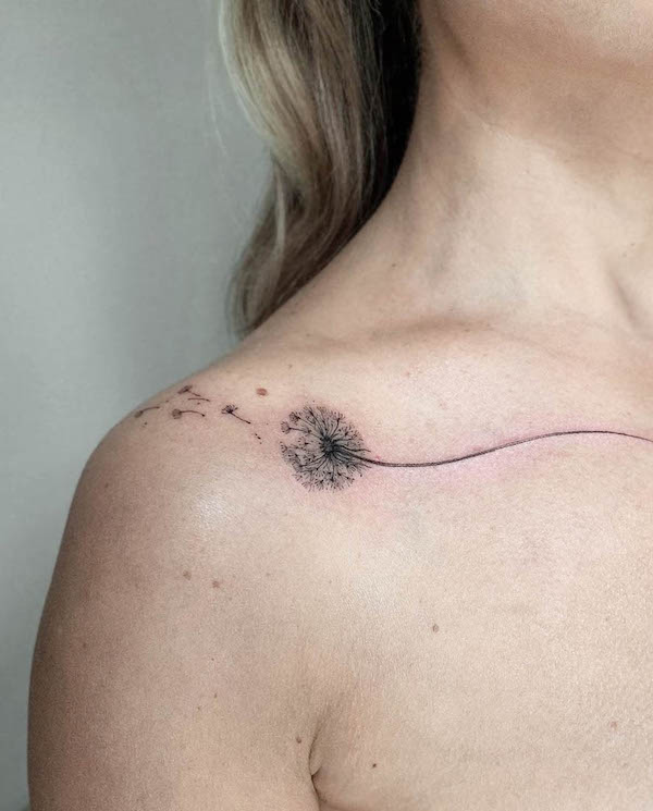 Dandelion collarbone tattoo by @a.nya.tatt