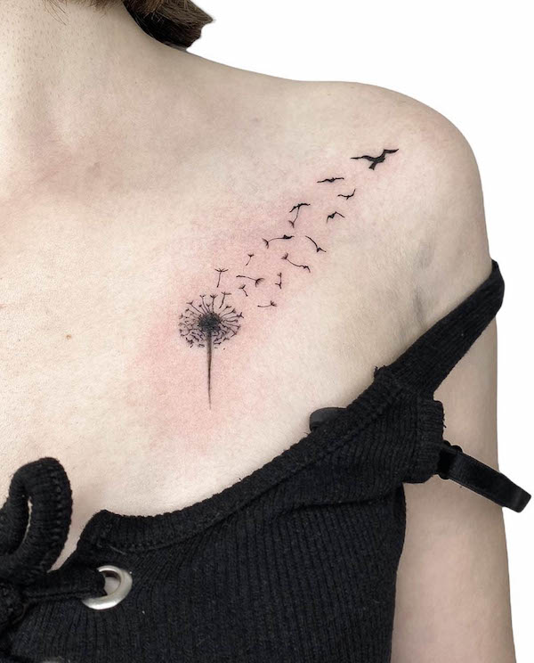 Dandelion and bird shoulder tattoo by @enginkarahasan