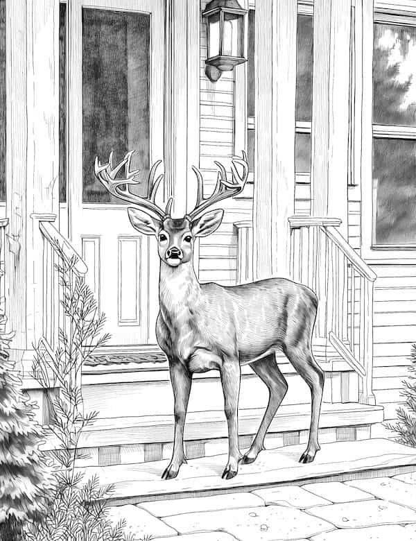 Deer at the front porch of a house coloring page