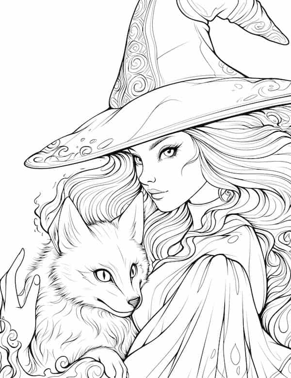 Fire witch and fox coloring page