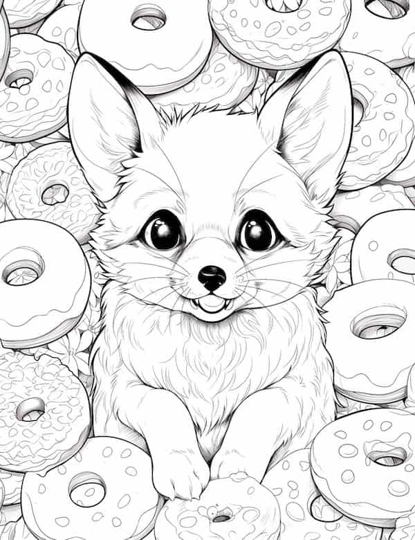 Fox and donuts coloring page