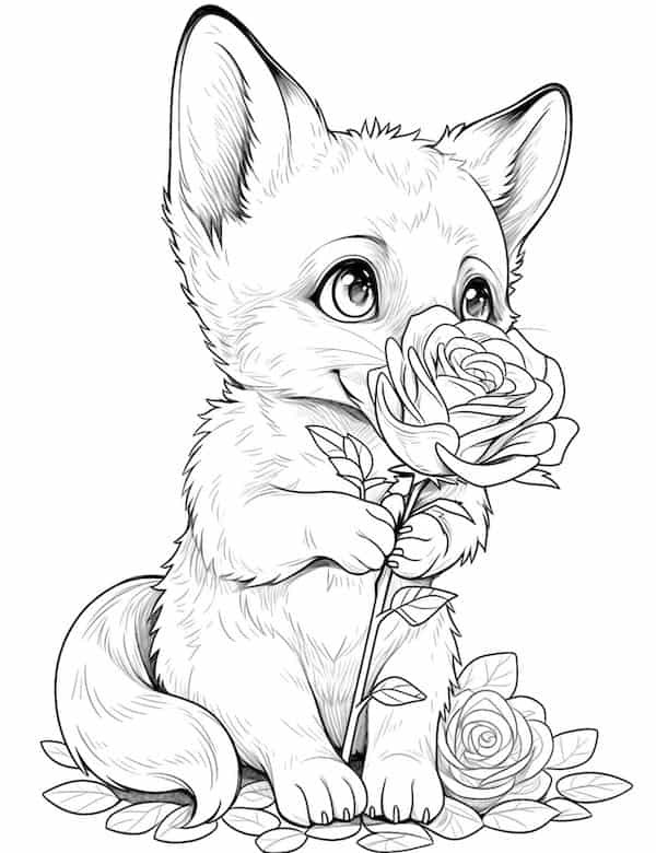 Fox smelling a rose coloring page