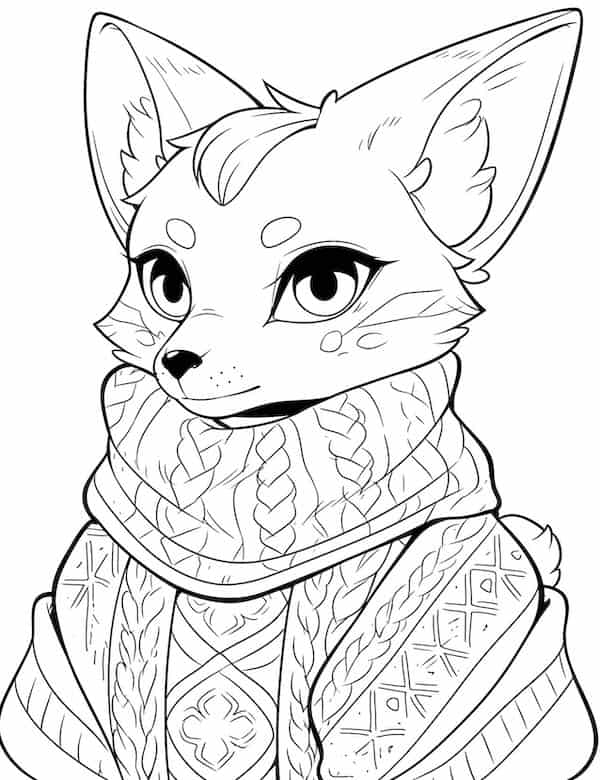 Fox in winter outfit coloring page