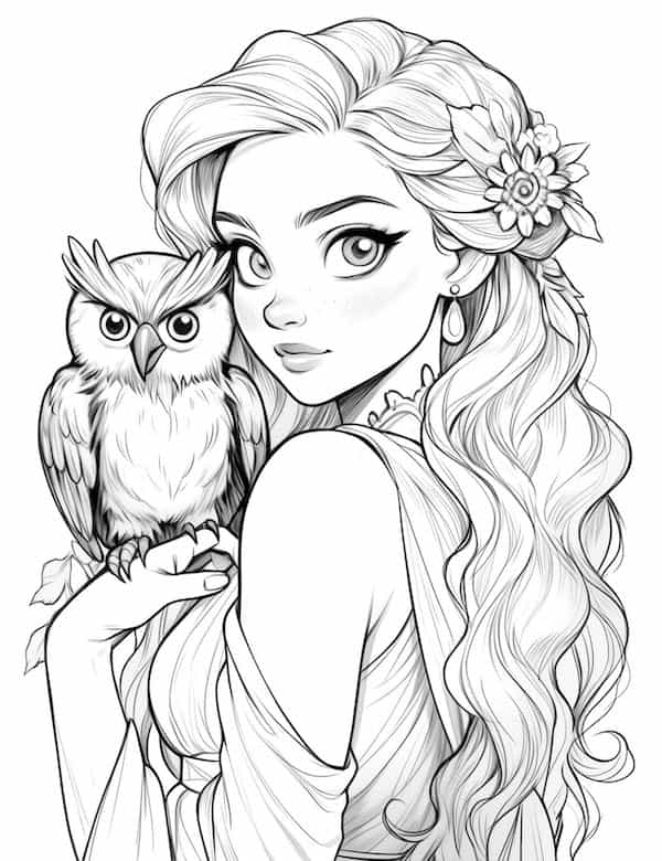 Goddess and her owl coloring page