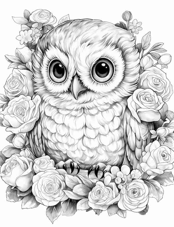 Little baby owl and flowers coloring page